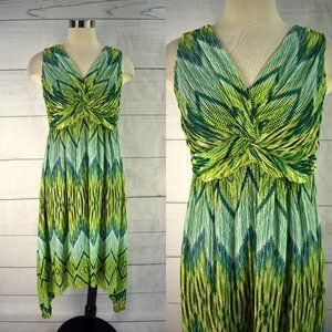 CHICOS Dress 0 Small 4 6 Slinky Stretch Mesh Knit Asymmetrical Hem Ruched Empire